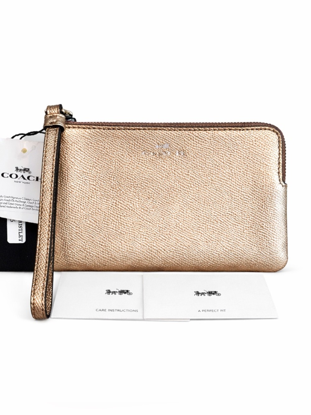 COACH Corner Zip Wristlet in Metallic Gold Crossgrain Leather NWT RETAIL $198
